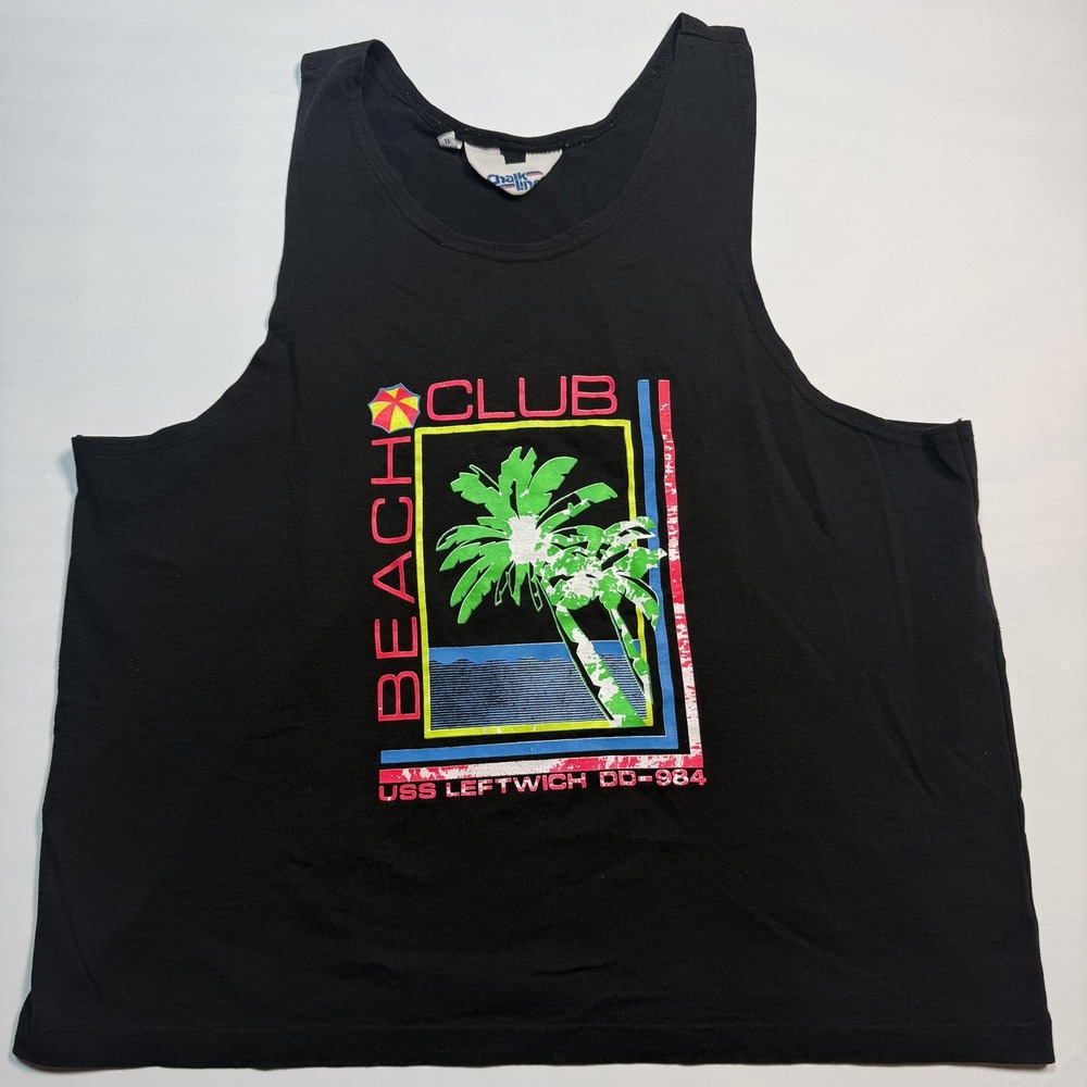 Vintage Chalk Line Tank Top Mens XL Black Beach Club USS Leftwich Graphic Shirt